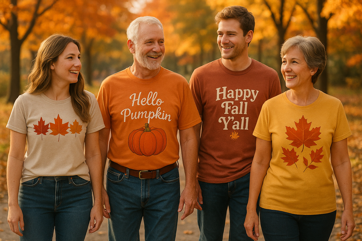 Adults walking with fall custom shirts on